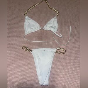 Hot Miami Styles Women’s Gold Chain-Detail White Bikini Set Size Medium Small